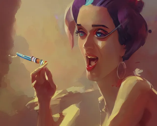 Prompt: katy perry eating cigarette soup, jesper ejsing, ismail inceoglu, artstation