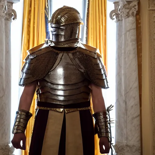 Image similar to cinematic shot of donald trump wearing ancient roman military armor in the white house, 8 k, very detailed, very intricate,