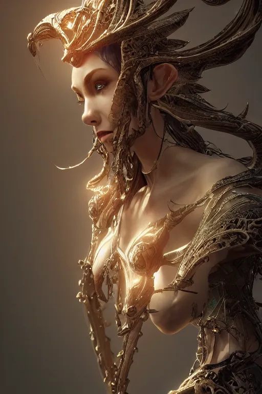 Image similar to beautiful biomechanical impish elven incredible hair, masterpiece crystalline incrustations, hyperdetailed face, elegant pose, movie still, intricate, octane render, cinematic lighting, cgsociety, unreal engine,