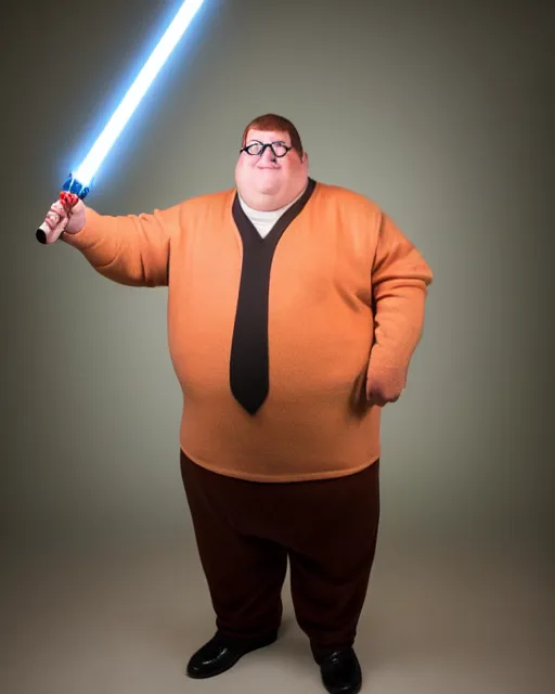 Prompt: Studio Photograph of a real life Peter Griffin from Family Guy dressed as Han Solo and Holding a glowing light saber in the Style of Annie Leibovitz,