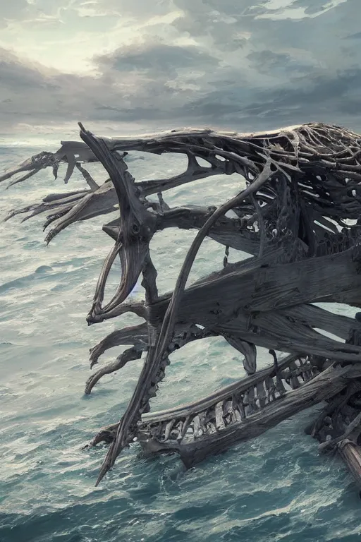 Image similar to whale skeleton on the beach, driftwood, huge, towering, gigantic, high octane, 8 k, digital art, magic the gathering, mtg, by greg rutkowski, trending on artstation