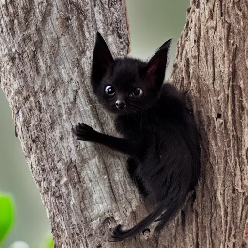 Image similar to a bat kitten, in a tree, Canon EOS R3, telephoto, very detailed, 4k