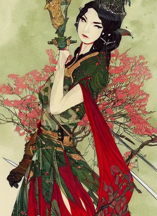 Prompt: beautiful elven queen in red green gold dress, detailed portrait, wearing kimono armor, sword, by conrad roset, takato yomamoto, jesper ejsing, beautiful