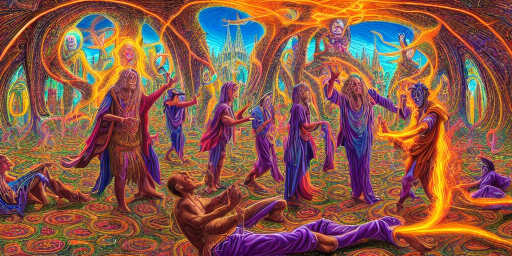 Image similar to hyper detailed portrait of a dmt spirit guide greeting a lost psychonaught, friendly dmt time elves, cathedral background, masterpiece composition, 8 k resolution, ultra fine illustration, tokio aoyama, alex grey, todd schorr, highly detailed,