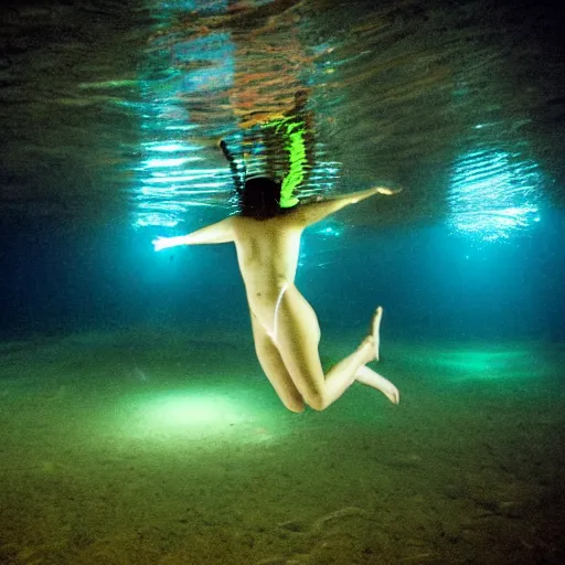 Prompt: girl with bioluminescent skin swimming underwater