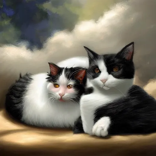 Image similar to a black and white cat and a calico cat sleeping peacefully together in cat heaven, puffy clouds, dreamy, painted by Tyler Edlin