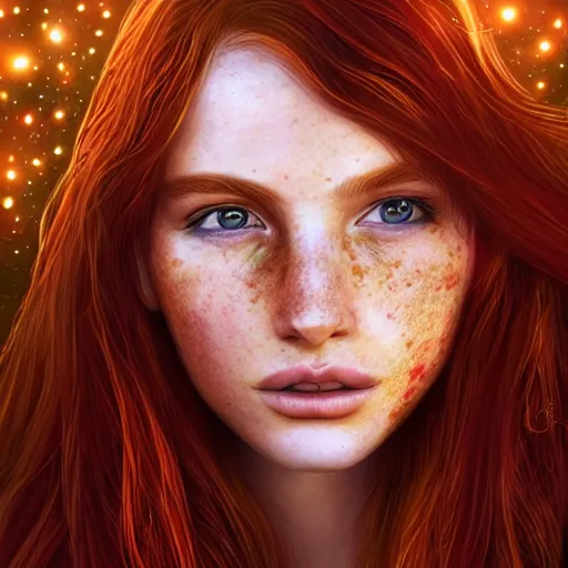 Image similar to highly detailed portrait of a red haired girl with long hair, green eyes, round face, freckles, softly smiling among fireflies, intricate details, accent lighting, dramatic light, golden ratio, hyper realistic digital art