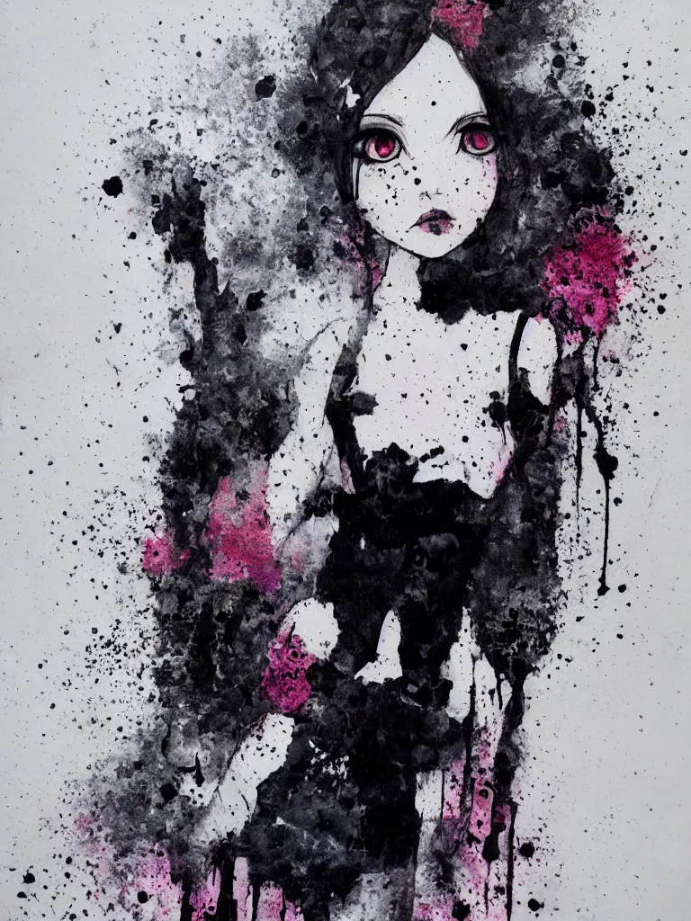 Prompt: cute fumo plush gothic black enigmatic maiden girl painted in spilt ink and washed watercolor, avant garde pop art, vray