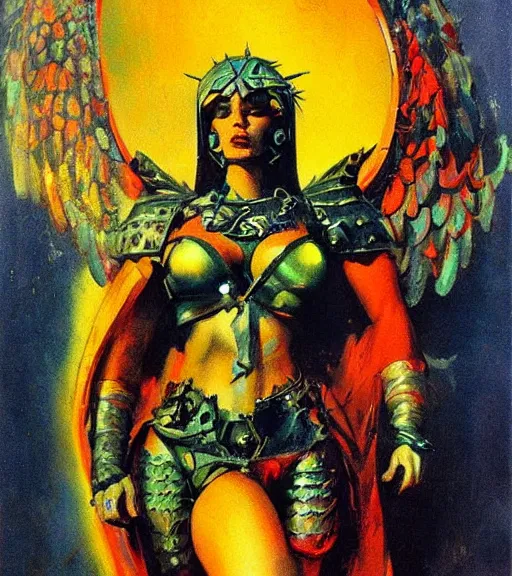 Image similar to portrait of strong iranian female chaos angel, beautiful! coherent! by frank frazetta, by brom, strong line, vivid neon color, spiked scrap metal armor, iron helm maximalist