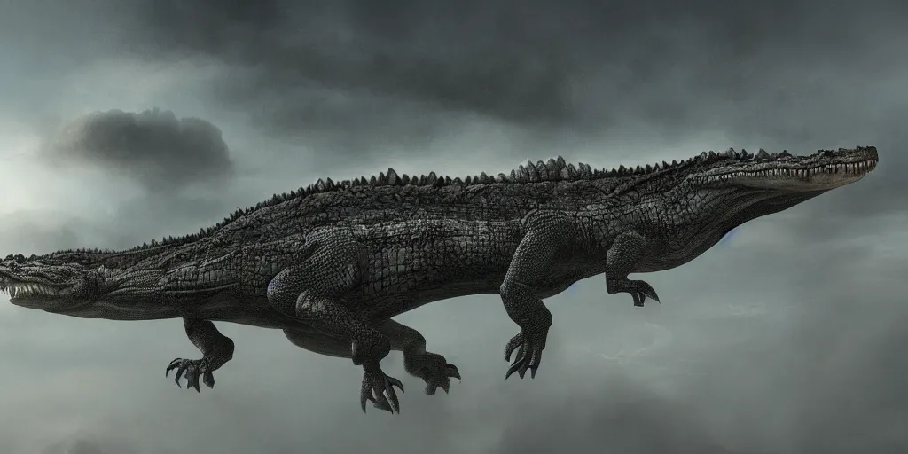 Prompt: a highly detailed matte painting of a massive new animal inspired by prehistoric crocodiles and prehistoric alligators with a hint of dragon, misty moors background, ominous, foreboding, dark, trending on artstation,