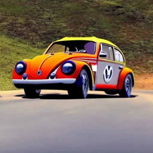 Image similar to promotional movie scene of a ( volkswagen beatle ) and ladybug hybrid. a ( volkswagen beatle ) merged into a ladybug. the hybrid is racing down a dusty back - road. cinematic, 4 k, imax, 7 0 mm