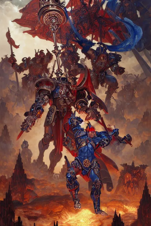 Image similar to epic warhammer battle between human warriors mages and demons, inside cathedrals and abbeys, fullbody!! dynamic action pose, religious, intricate, elegant, highly detailed, digital painting, artstation, concept art, smooth, sharp focus, red and blue color scheme, illustration, art by artgerm and greg rutkowski and alphonse mucha