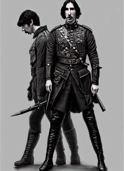 Image similar to a portrait of john oliver standing next to adam driver, stoic, full body, military uniform, fantasy, intricate, elegant, beautiful, highly detailed, charcoal, centered, dark, smokey, digital painting, artstation, concept art, smooth, sharp focus, illustration, art by artgerm and greg rutkowski and alphonse mucha