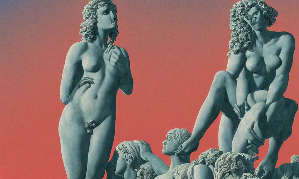 Prompt: digital painting of people revering at the base of a greek sculpture a beautiful massive female statue surrounded by dreamy coral, sunrise in nre york, by syd mead and jack kirby, color scheme, arik roper, concept art