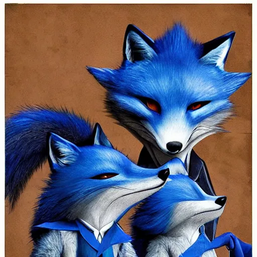 Image similar to realistic movie poster, featuring in anthropomorphic blue male foxes dressed cool, promotional movie poster print