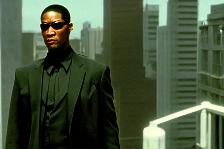 Image similar to film still of dwyane johnson as neo from the matrix standing on a roof top