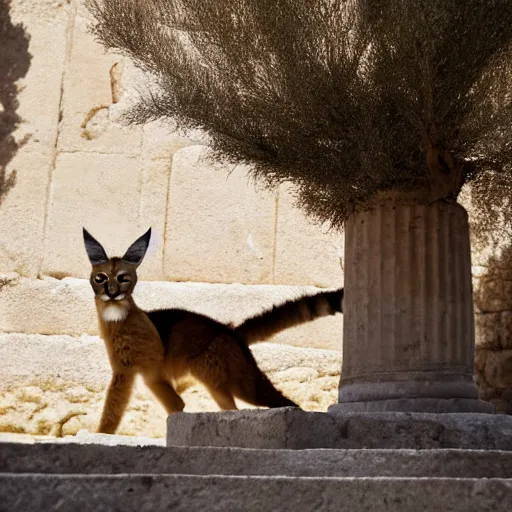 Image similar to a cinematic film still of a claymation stop motion film starring cute fluffy caracal near wooden barrel, ancient greek city, marble temple columns, olive trees, shallow depth of field, 8 0 mm, f 1. 8