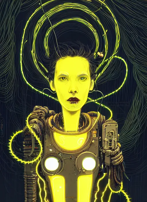 Image similar to highly detailed portrait of wasteland punk long curly bright yellow and white plasma electricity hair tribal lady, stray electric spark wiring by atey ghailan, james gilleard, by joe fenton, by greg rutkowski, by greg tocchini, by kaethe butcher, 4 k resolution, gradient yellow, black and white color scheme!!! ( ( lightning cloudy robotic dystopian city background ) )