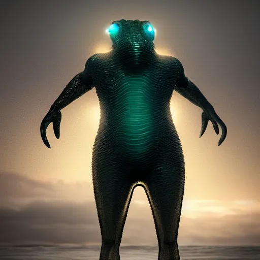 Image similar to a stunning cinematic wide shot of a beautiful confused slick sleek smooth humanoid sea monster wearing clothes made of seaweed on a dark stormy beach, well designed perfect with slick led eyes, sharp claws, cgsociety, hd octane render, fantasy, furry art, artstation, deviantart, furaffinity, very very clean