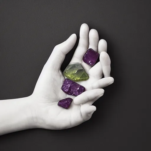 Image similar to “reaching hand made of cut gemstone, black background, 35 mm product photo”