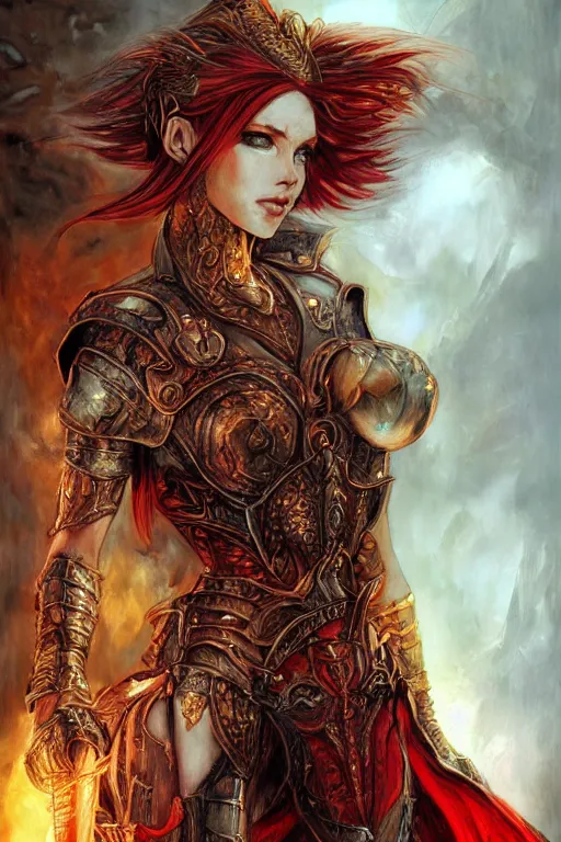 Image similar to portrait of a stunningly beautiful armoured red headed ifrit genie - kin paladin, female, close up, fantasy, intricate, elegant, highly detailed, digital painting, artstation, concept art, sharp focus, illustration, art by luis royo, wayne barlowe, kirsi salonen, asya yoranova and alan lee