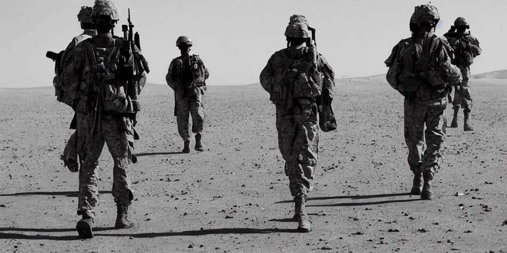 Image similar to a rooster soldier walking the sands of iraq with his platoon. cinematic photograph. 35mm.