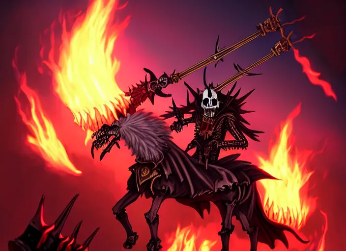 Image similar to ainz ooal gown leading the undead army to battle riding a flaming skeleton horse, art by so - bin