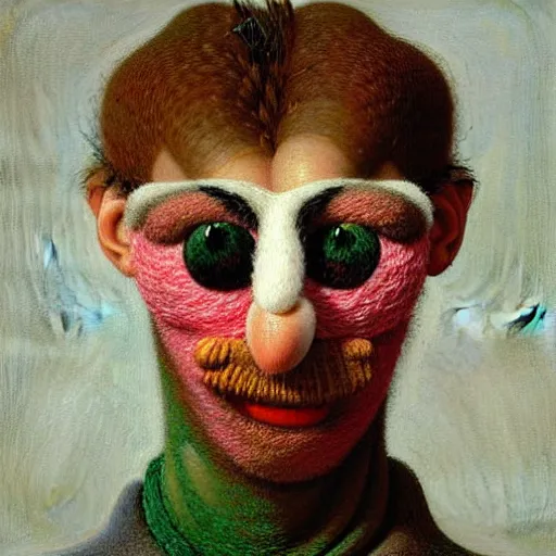 Prompt: portrait photo of a wool sock with giant eyes, face made from pixels and voxels, extremely high details, realistic, by Giuseppe Arcimboldo, Edward Hopper, Rene Margitte