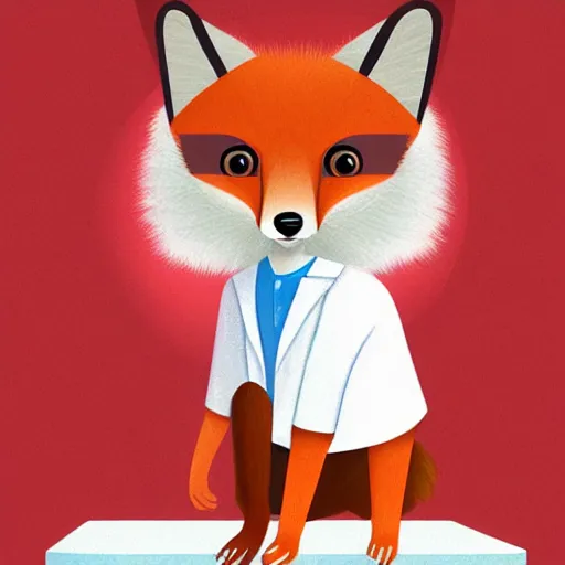 Image similar to child book digital illustration of a cute Anthropomorphic fox in a white lab coat, stunning, fluffy, high detai, photorealistic, 8k, ultimate quality, Concept Art