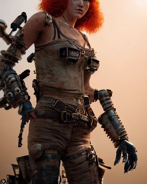 Prompt: highly detailed full body character portrait of a female red head mad max road warrior with auto parts attached to her costume, concept painting with detailed face by J. C. Leyendecker and Edmund Blair and Yuriy Mazurkin and Eppo Doeve, octane render, 8k, high quality, award winning masterpiece, HDR,