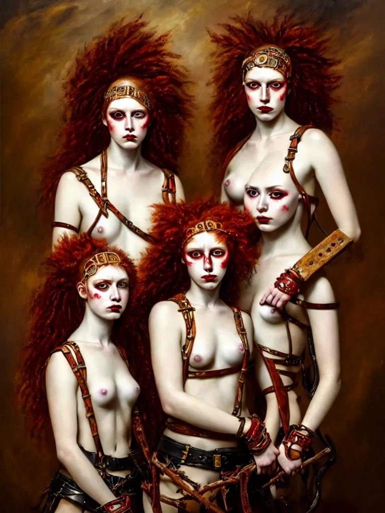 Image similar to oil painting of two fierce looking beautiful young women warriors with curly red hair and symmetrical white makeup standing side by side, wrapped in leather straps, wearing an intricate head dress made from bones and leather, painted by turner, intricate linework, radiant light, detailed and intricate environment