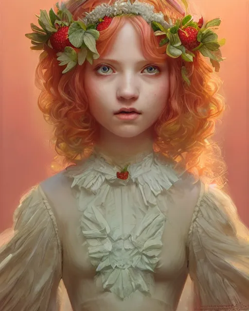 Prompt: strawberry shortcake portrait | highly detailed | very intricate | symmetrical | whimsical and magical | soft cinematic lighting | award - winning | closeup portrait | doll | painted by donato giancola and mandy jurgens and ross tran | pastel color palette | featured on artstation