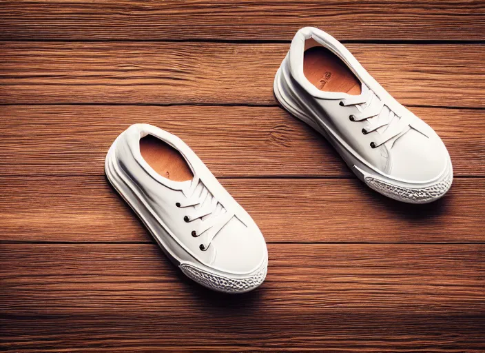 Prompt: clear highly detailed photorealistic topdown mockup product photograph of a realistic pair of sneakers on a wooden background