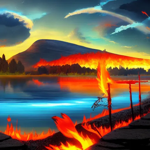 Image similar to lake on fire, trending on artstation, anime 4 k