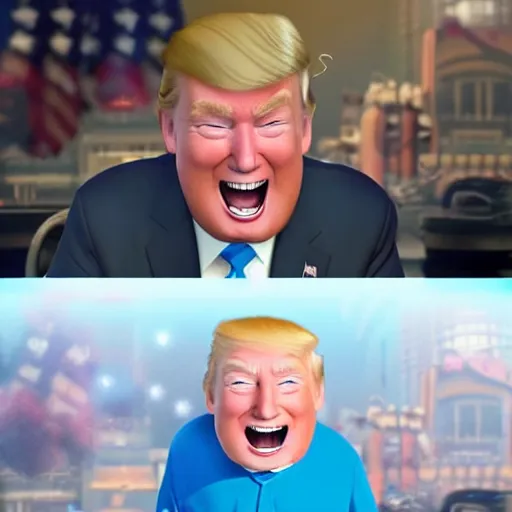 Prompt: still of a cute, smiling donald trump, from the new pixar movie, dynamic lighting, cgsociety