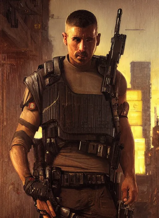 Image similar to cyberpunk police trooper in a military vest ( blade runner 2 0 4 9, cyberpunk 2 0 7 7 ). orientalist portrait by john william waterhouse and james gurney and theodore ralli and nasreddine dinet, oil on canvas. cinematic, hyper realism, realistic proportions, dramatic lighting, high detail 4 k