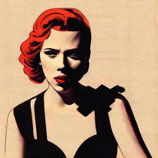 Prompt: “Scarlett Johansson portrait, color vintage magazine illustration 1950”