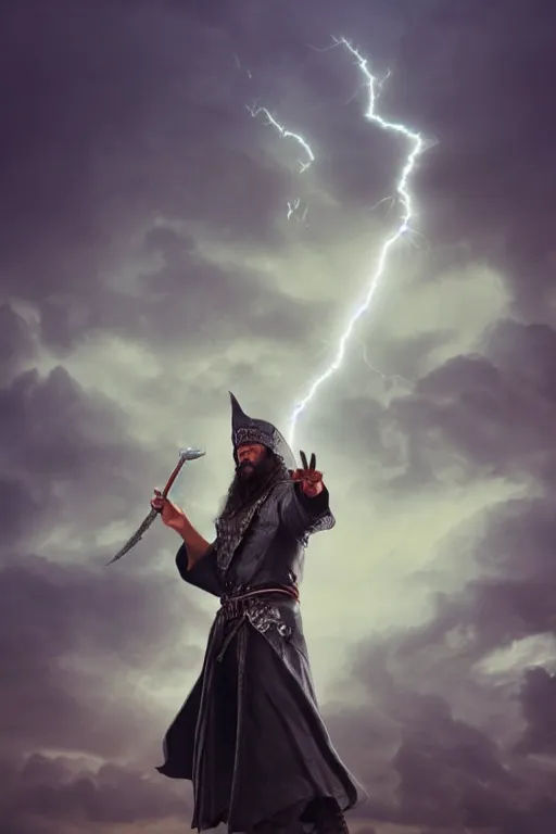 Prompt: wizard holding a sword that’s pointed towards the sky, getting shocked by lightning, octane, trending on artstation, hyper realistic, highly detailed