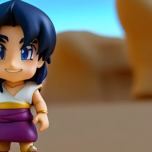 Image similar to side view of young aladdin as nendoroid running in desert village, 8 k hd dof, kodak film,