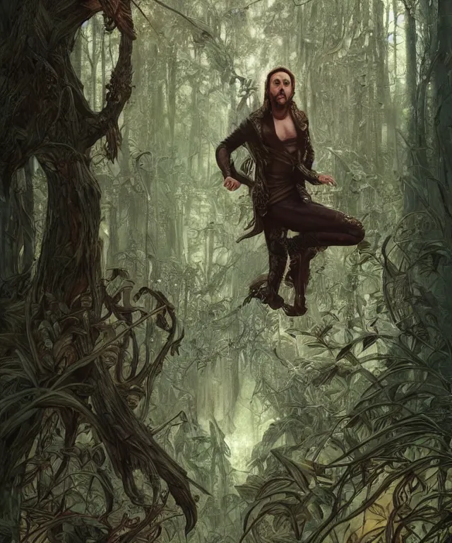 Prompt: epic full body portrait of Nicolas Cage fantasy, intricate, elegant, highly detailed, nicolas cage, nic cage, nicolas cage, digital painting, artstation, concept art, smooth, sharp focus, illustration, deep forest on background, art by artgerm and greg rutkowski and alphonse mucha,