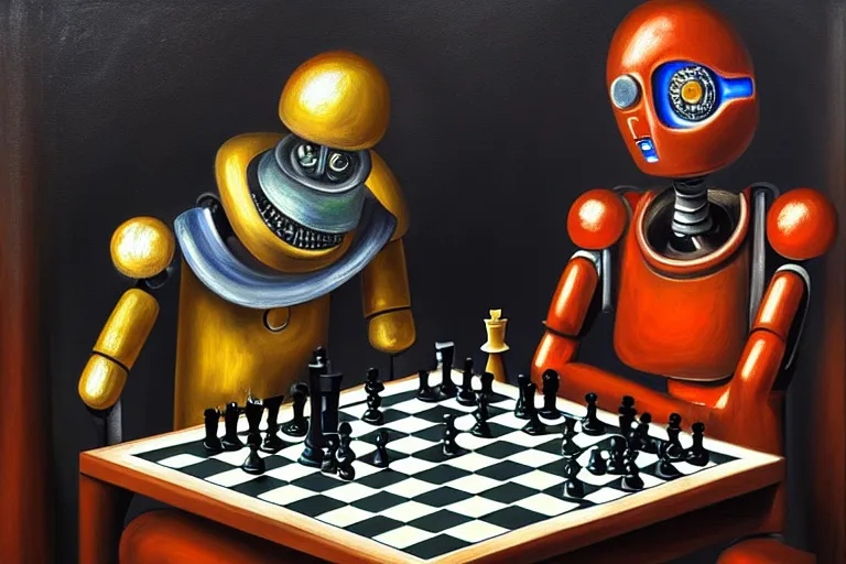 Image similar to portrait of a robot playing chess, highly detailed, painting by otto dix, 8 k