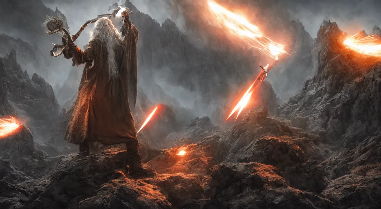 Prompt: gandalf shooting a balrog with a rocket launcher on the bridge of khazad dum, dark, fiery, mines of moria, lord of the rings aesthetic, in style of alan lee, cinematic, cinematic lighting, octane render, highly detailed