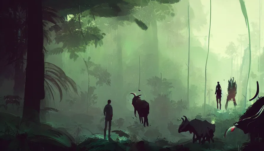 Image similar to ismail inceoglu and jama jurabaev's concept art, cel shadow, film shooting, trends on artstation, high quality, brush strokes, bright colors, giant demon goat skull in mysterious rainforest