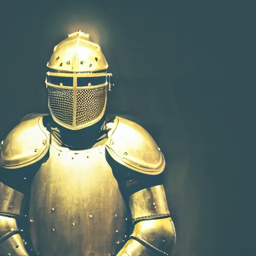 Prompt: photo of a knight wearing honey-jar-armor, dramatic lighting