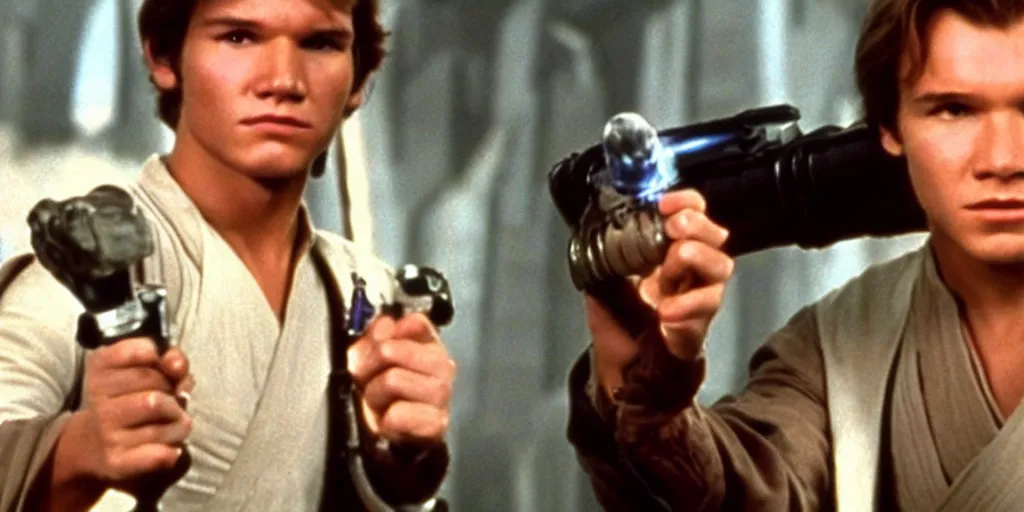Image similar to A full color still from a film of a teenage Han Solo as a Jedi padawan holding a lightsaber hilt, inside a sci-fi building, from The Phantom Menace, directed by Steven Spielberg, 35mm 1990