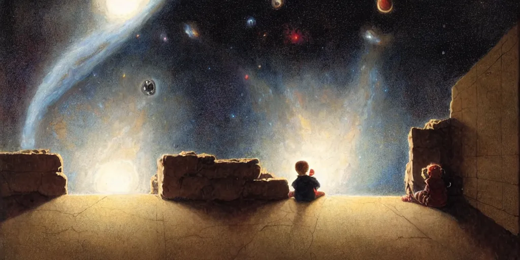 Image similar to a 5 year old boy and 1 2 year old girl looking at a wall and viewing the universe full of galaxies, imagination, part by norman rockwell, part by greg rutkowski, part by mattias adolfsson, high angle, ( ( ( ( volumetric lighting ) ) ) ), oil on canvas