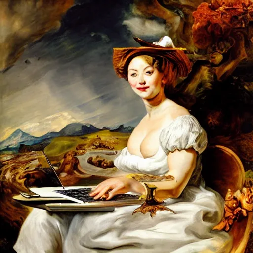 Image similar to heavenly summer sharp land sphere scallop lady working at a computer auslese, by peter paul rubens and eugene delacroix and karol bak, hyperrealism, digital illustration, fauvist