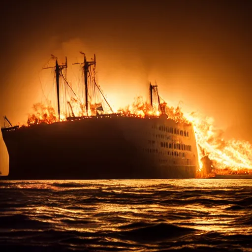 Prompt: large ship being tossed about in a fiery storm in the sea, dark, low light, terrifying, beautiful