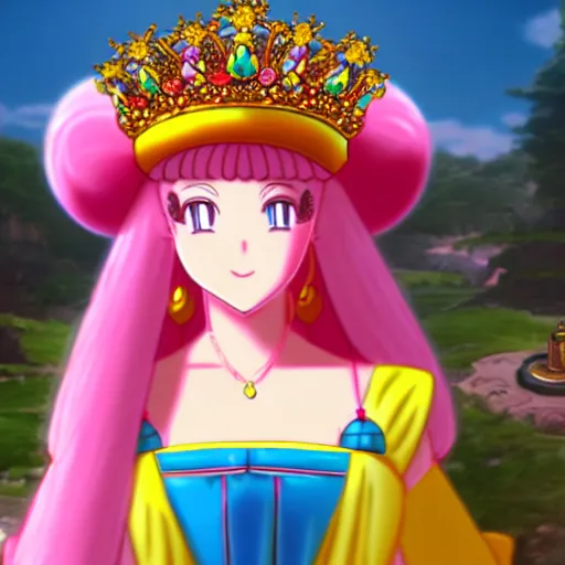 Image similar to young princess peach crowned empress of the mushroom kingdom, anime style, coronation, cinematic lighting, 1 6 th century,