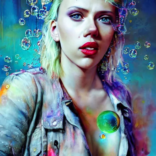 Image similar to scarlett johansson as delirium from sandman, ( hallucinating colorful soap bubbles ), by jeremy mann, by sandra chevrier, by richard avedon and maciej kuciara, punk rock, tank girl, high detailed, 8 k